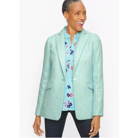 Talbots Blazer Jacket Women's 10P Aqua Blue Tweed Lined One Button Office Career - Picture 1 of 12
